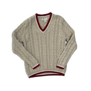 Vtg Eddie Bauer Beige Preppy Academia Cable Knit Heritage Cozy Varsity Sweater L